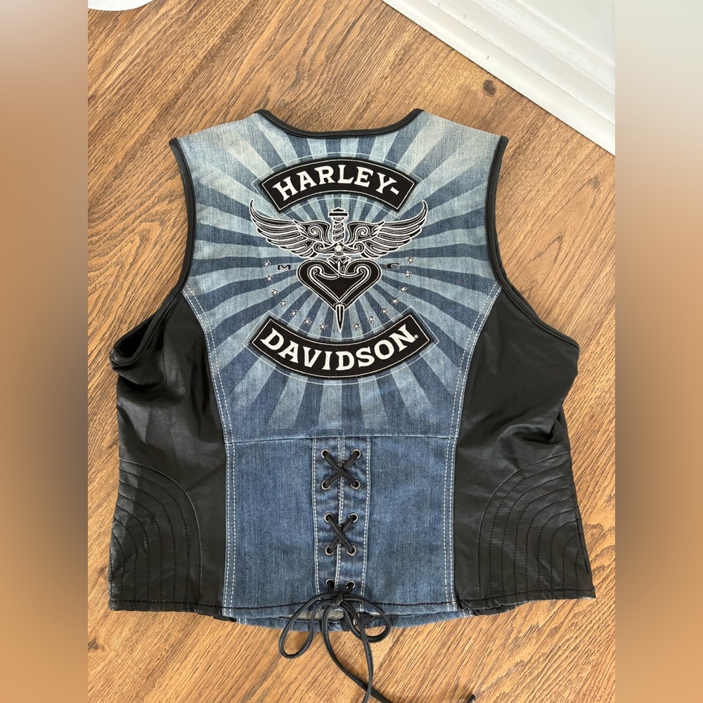 Harley-Davidson Blue Denim Panel Vest with Black Leather Sides